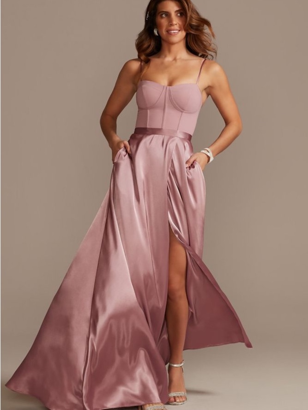 Mauve Satin Corset Dress with pockets and Slit. Prom bridesmaid wedding guest
